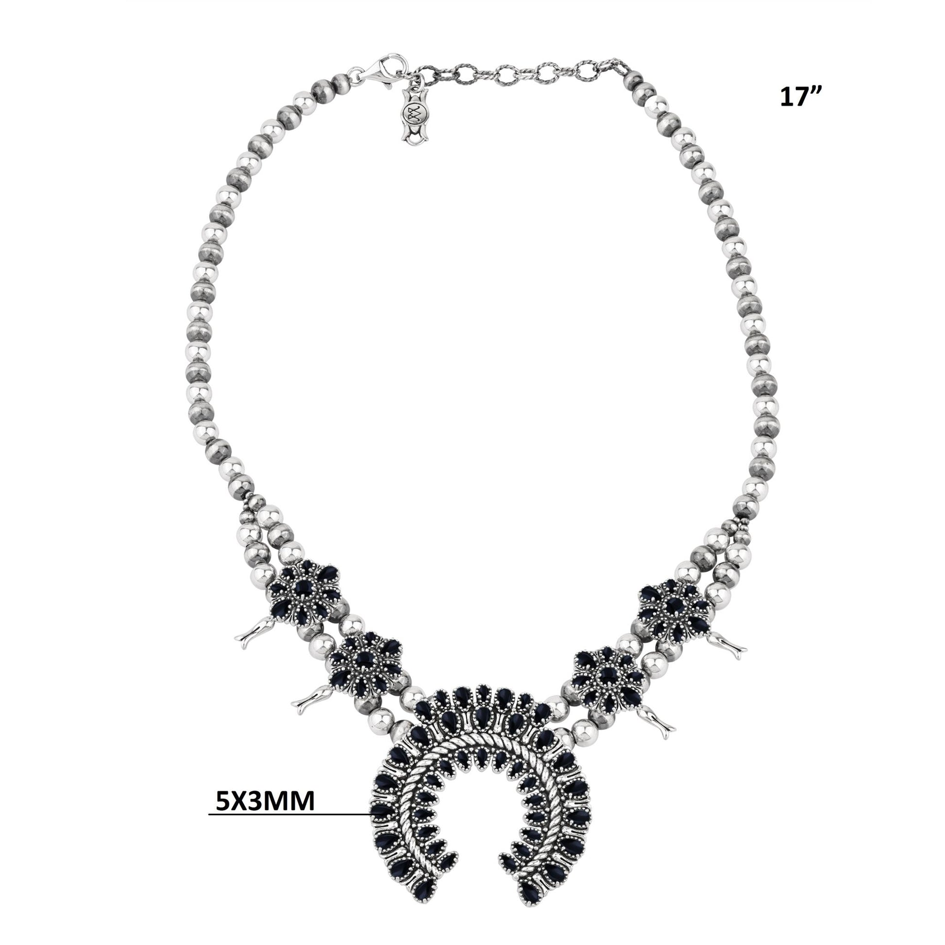  Sterling Silver Black Onyx Petit Point Naja Squash Blossom Necklace