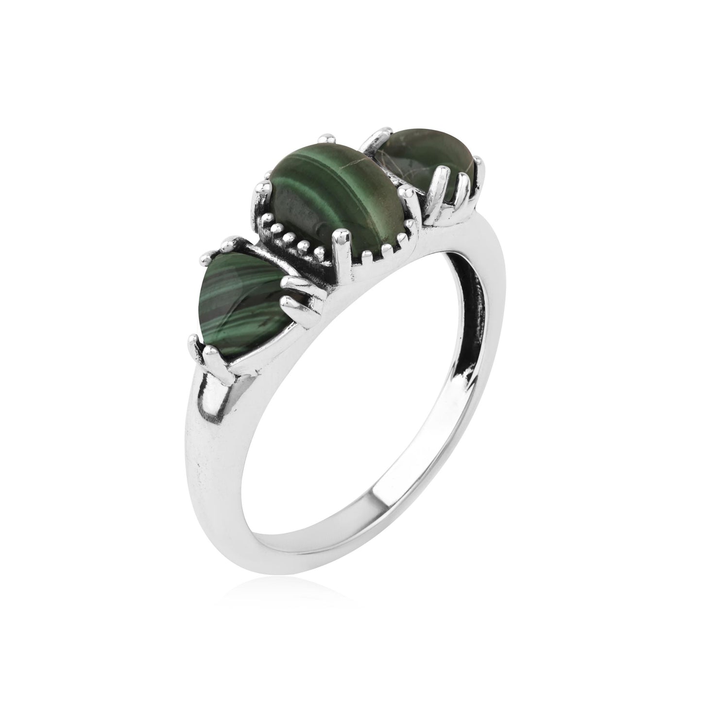  Sterling Silver Malachite Oval and Trillion 3-Stone Ring