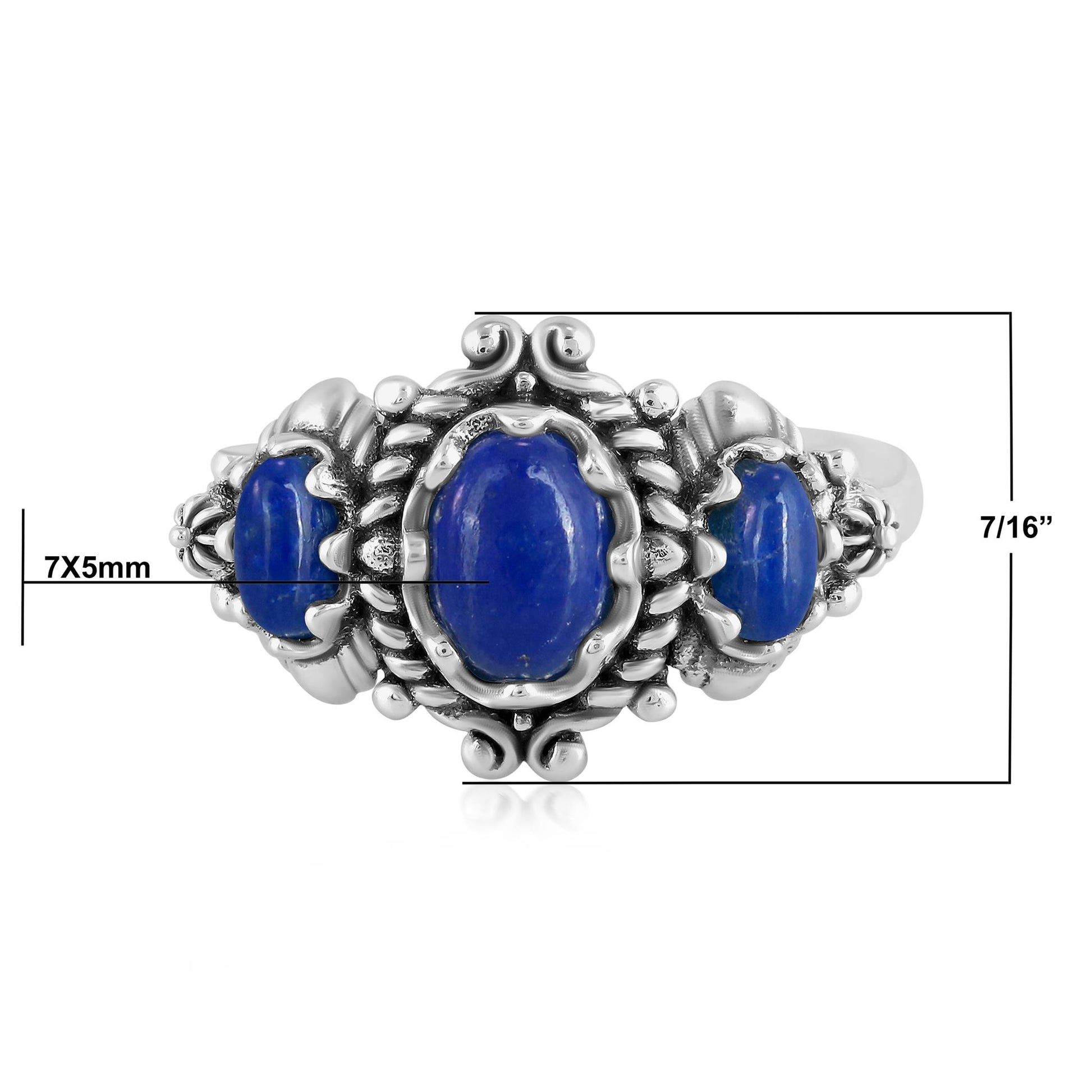 Sterling Silver Lapis 3-Stone Oval Scalloped Bezel Ring, Sizes 5 to 10