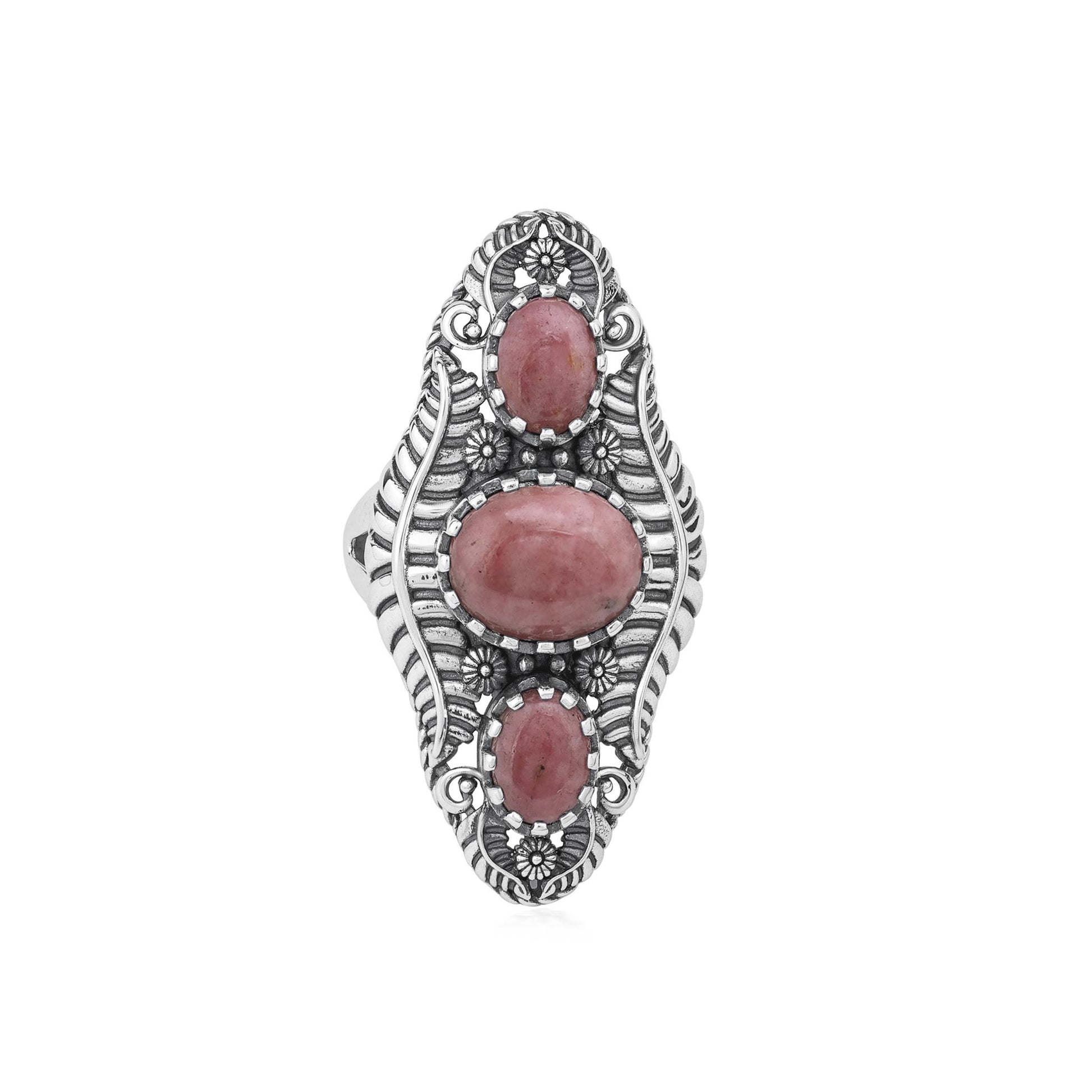 Sterling Silver Rhodonite Leaf and Vine Oval Ring