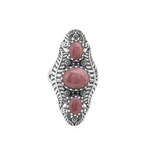 Sterling Silver Rhodonite Leaf and Vine Oval Ring