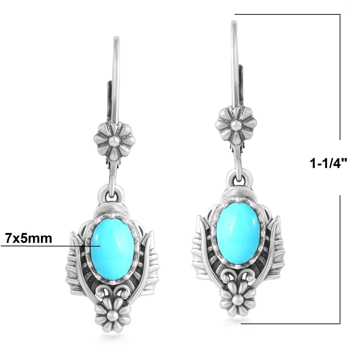Sterling Silver Sleeping Beauty Turquoise Oval Concha and Leaf Dangle Earrings