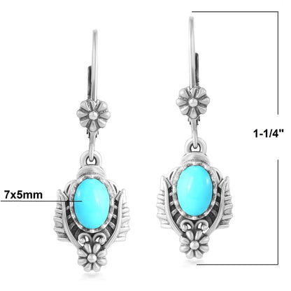 Sterling Silver Sleeping Beauty Turquoise Oval Concha and Leaf Dangle Earrings