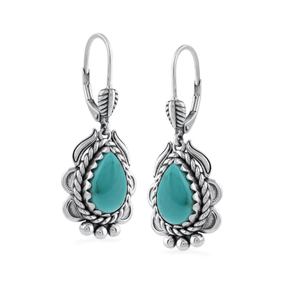 Sterling Silver Kingman Turquoise Pear-Cut Rope Design Lever Back Earrings