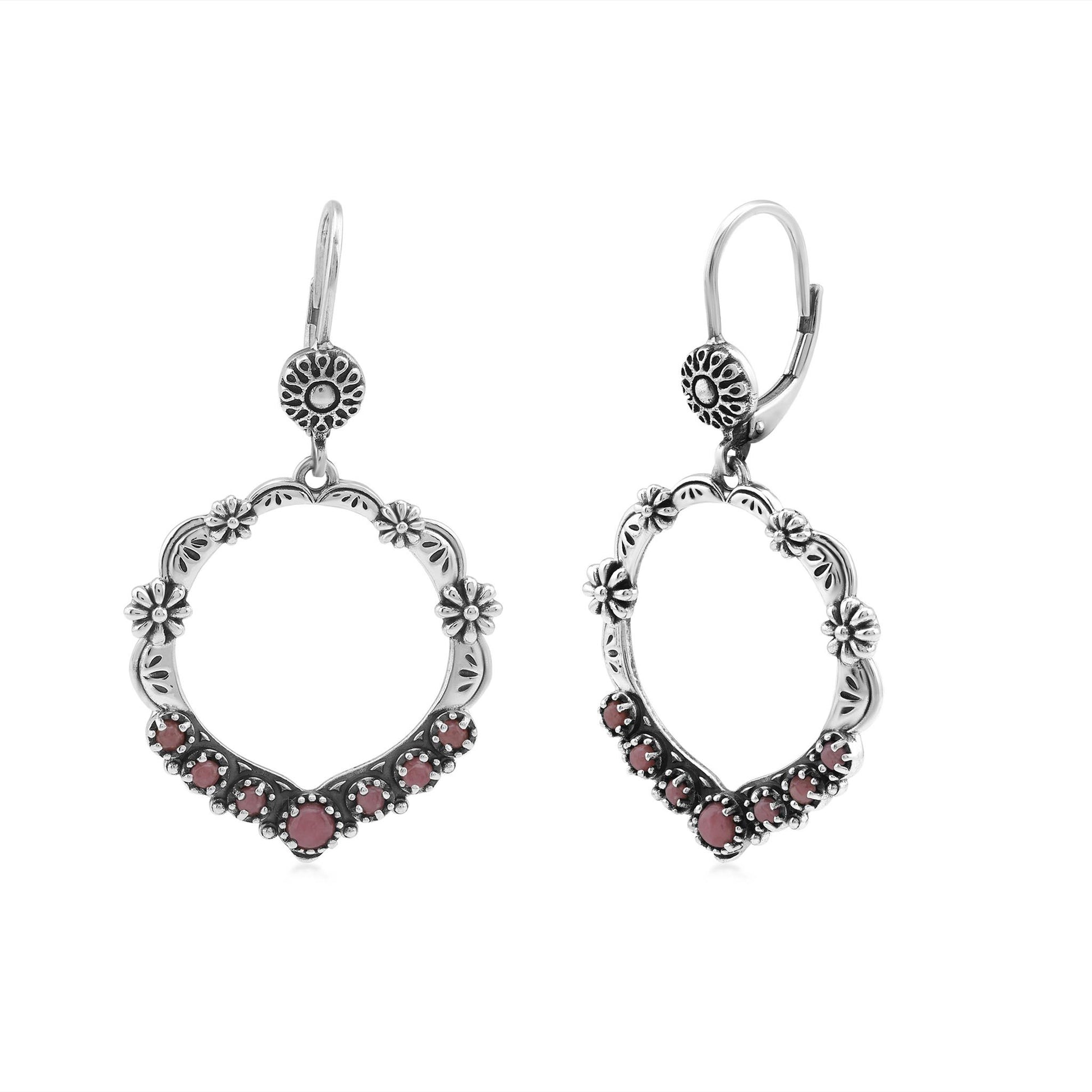 Sterling Silver Rhodonite Open Hoop Concha Lever Back Earrings