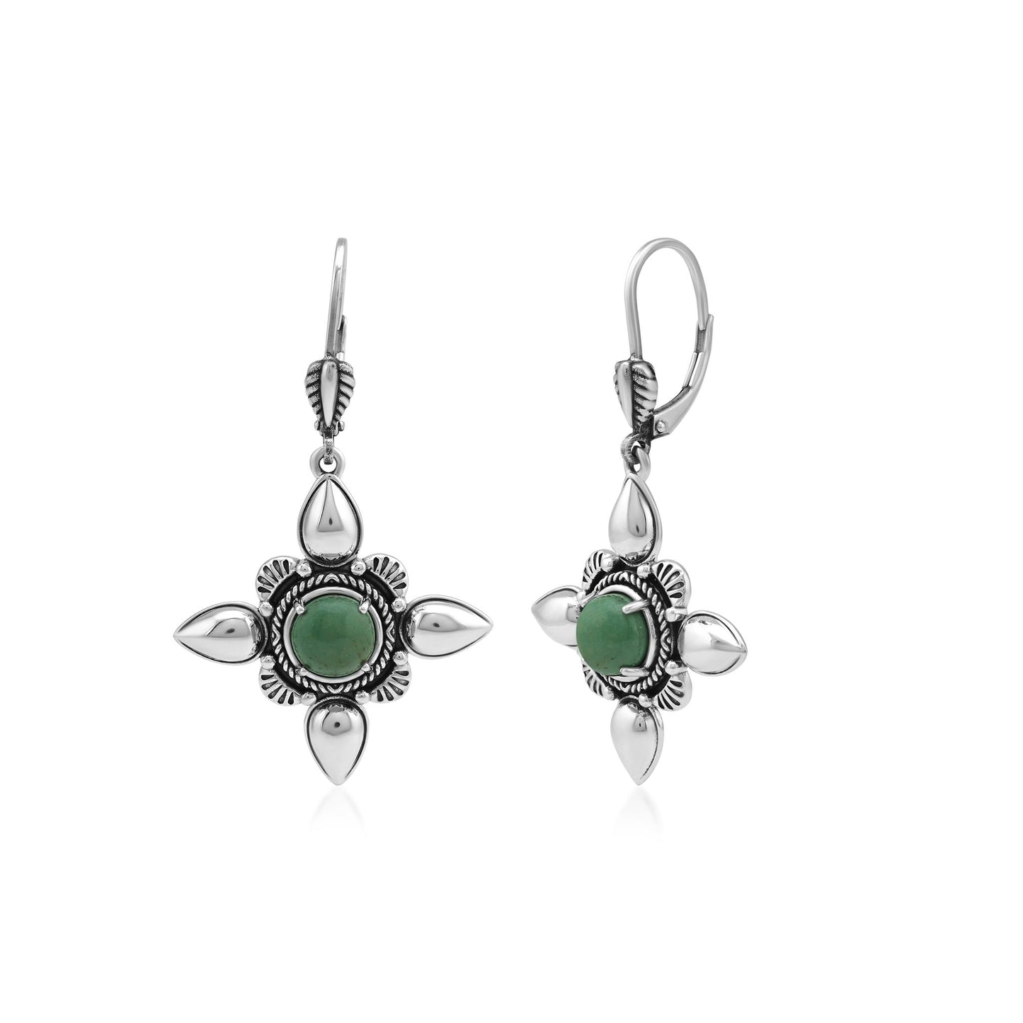Sterling Silver Green Turquoise Compass Star Lever Back Earrings