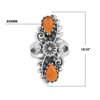 Sterling Silver Orange Spiny Oyster Pear-Cut Leaf and Flower Ring, Sizes 5 to 7