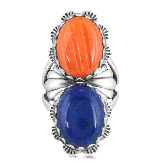 Sterling Silver Oval Lapis and Orange Spiny Oyster Scalloped Ring