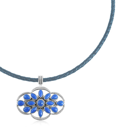 Sterling Silver Denim Lapis Blue Leather Cluster Necklace, 17 to 20 Inches