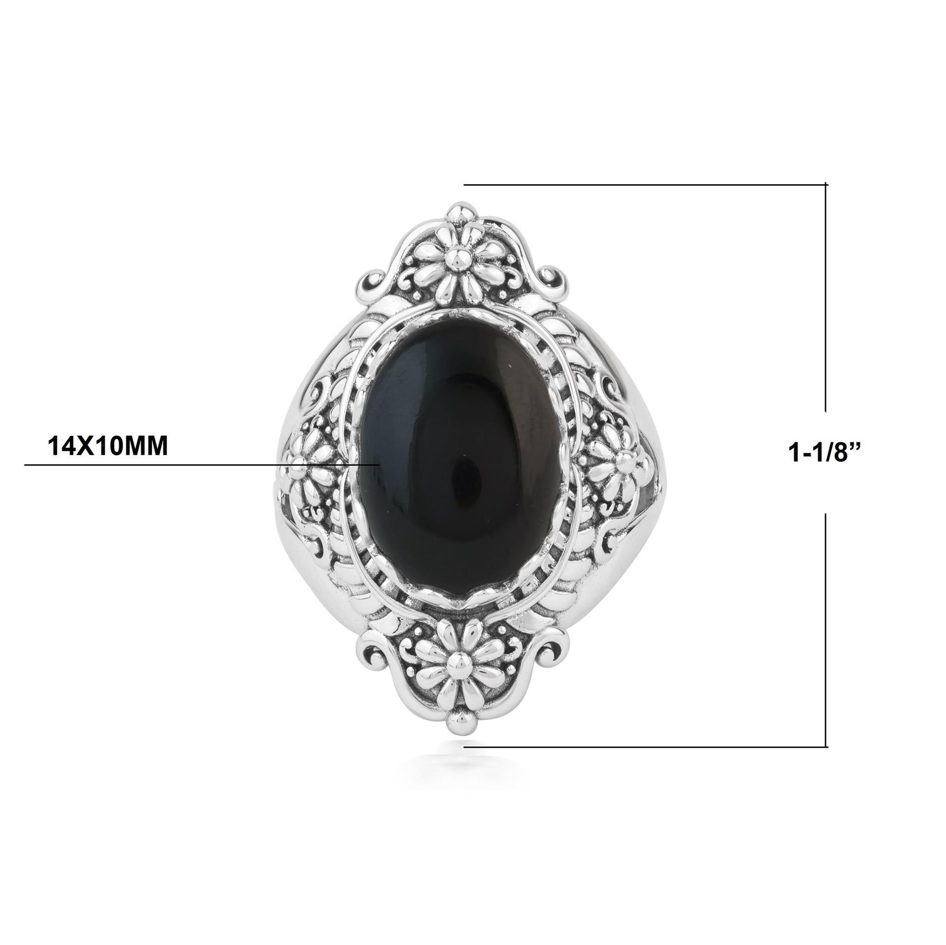  Sterling Silver Black Onyx Oval Scalloped Concha Ring