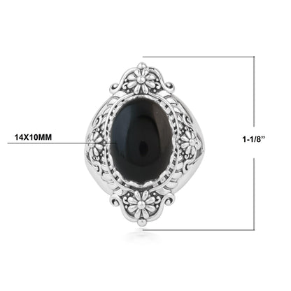  Sterling Silver Black Onyx Oval Scalloped Concha Ring