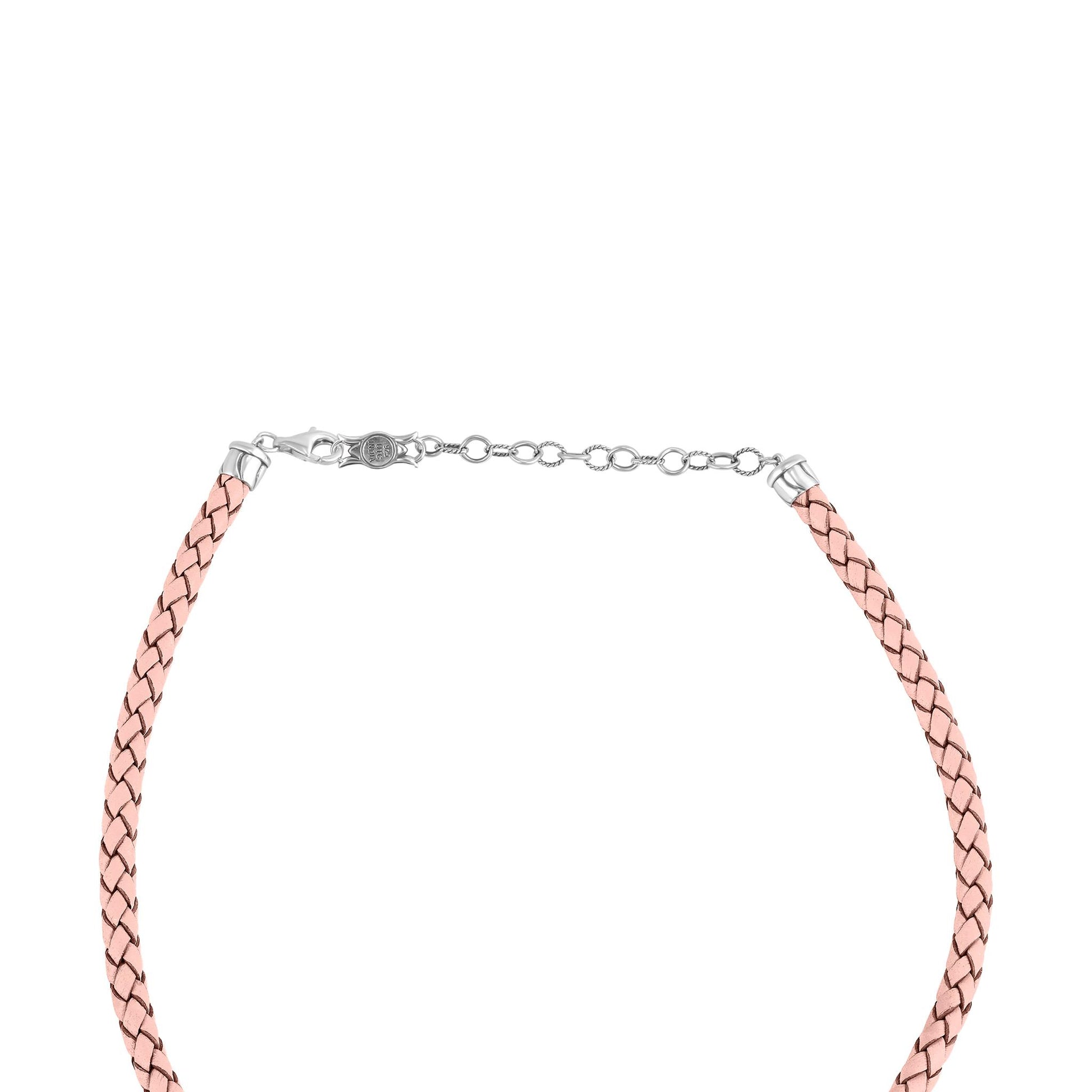 Sterling Silver Rhodochrosite Pink Braided Leather Necklace, 17 to 20 Inches