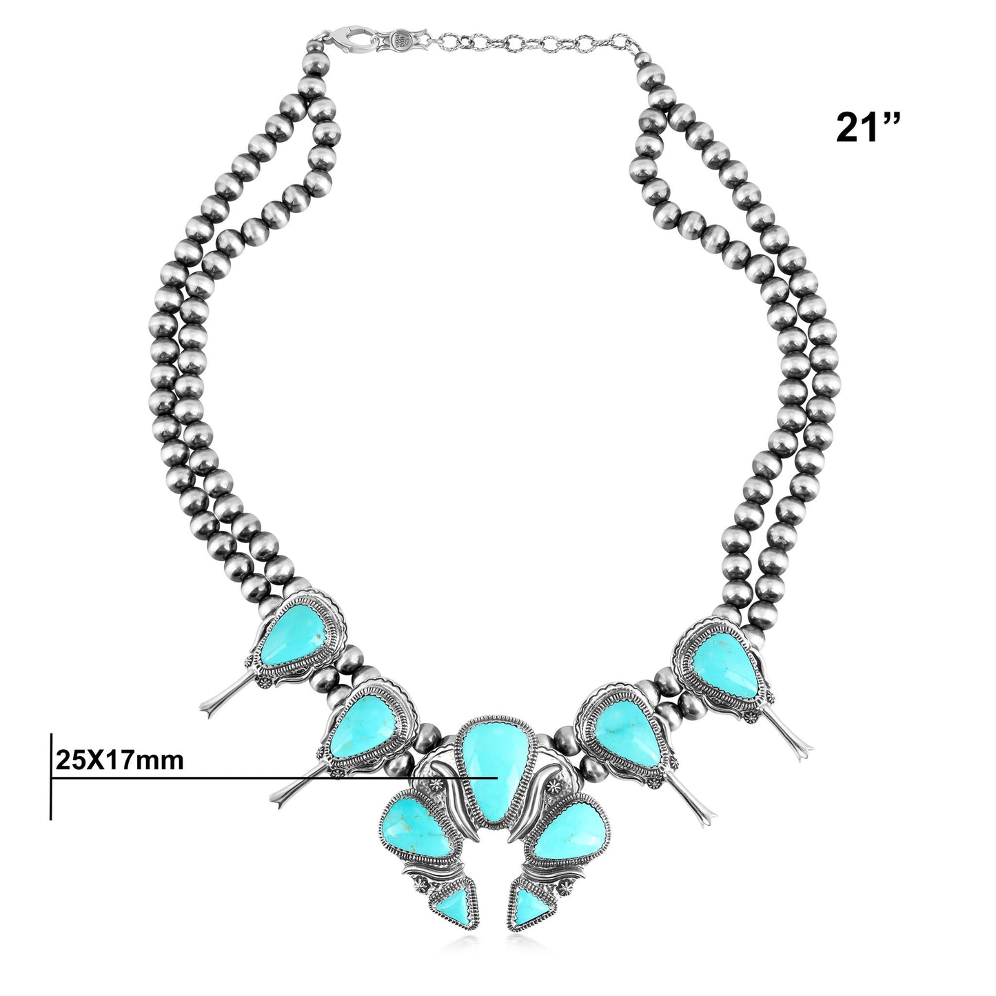 EXCLUSIVELY OURS! Sterling Silver Kingman Turquoise Large Naja Squash Blossom Necklace, 21 to 24 Inches