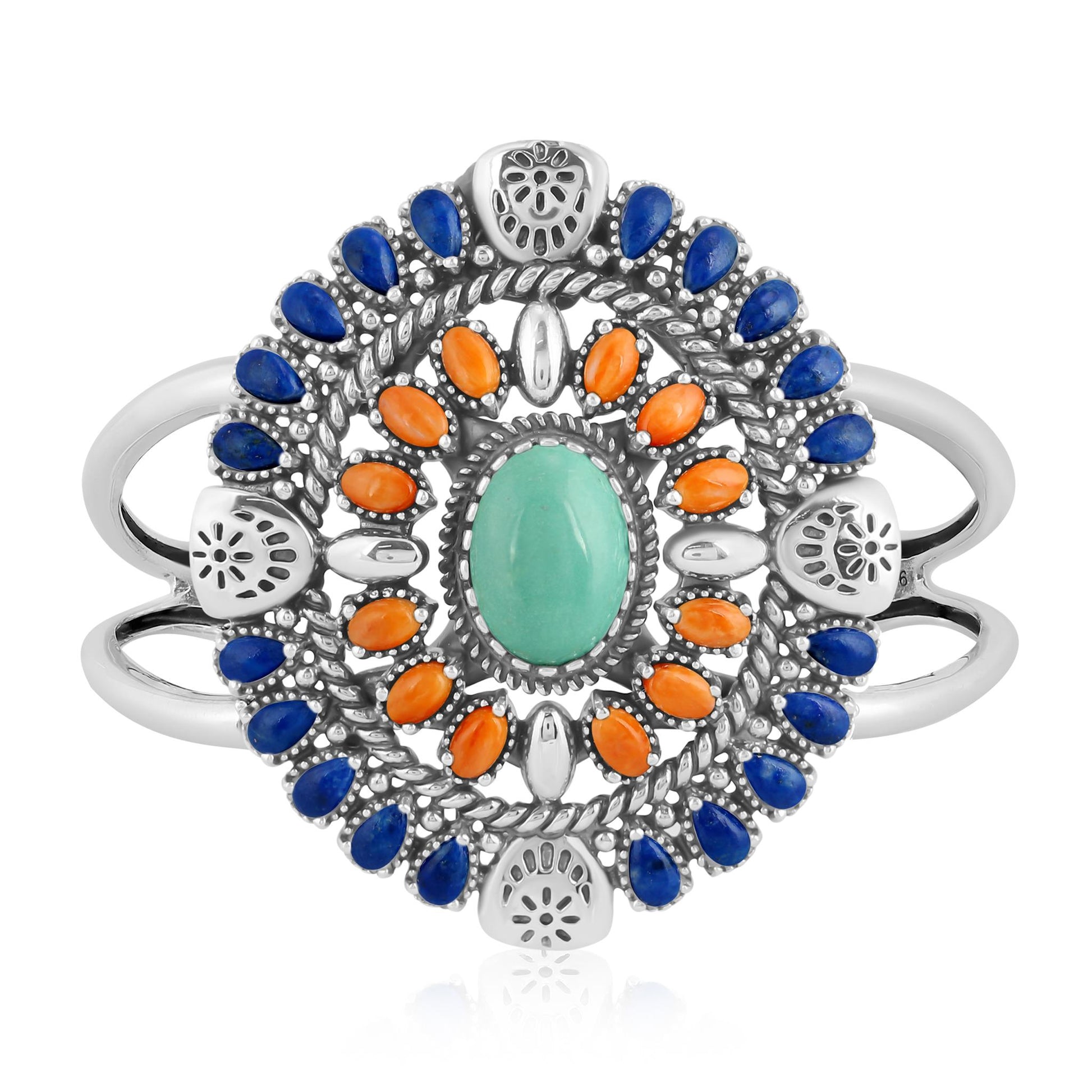 Sterling Silver Green Turquoise, Lapis and Orange Spiny Oyster Floral Cluster Cuff Bracelet