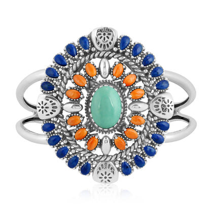 Sterling Silver Green Turquoise, Lapis and Orange Spiny Oyster Floral Cluster Cuff Bracelet