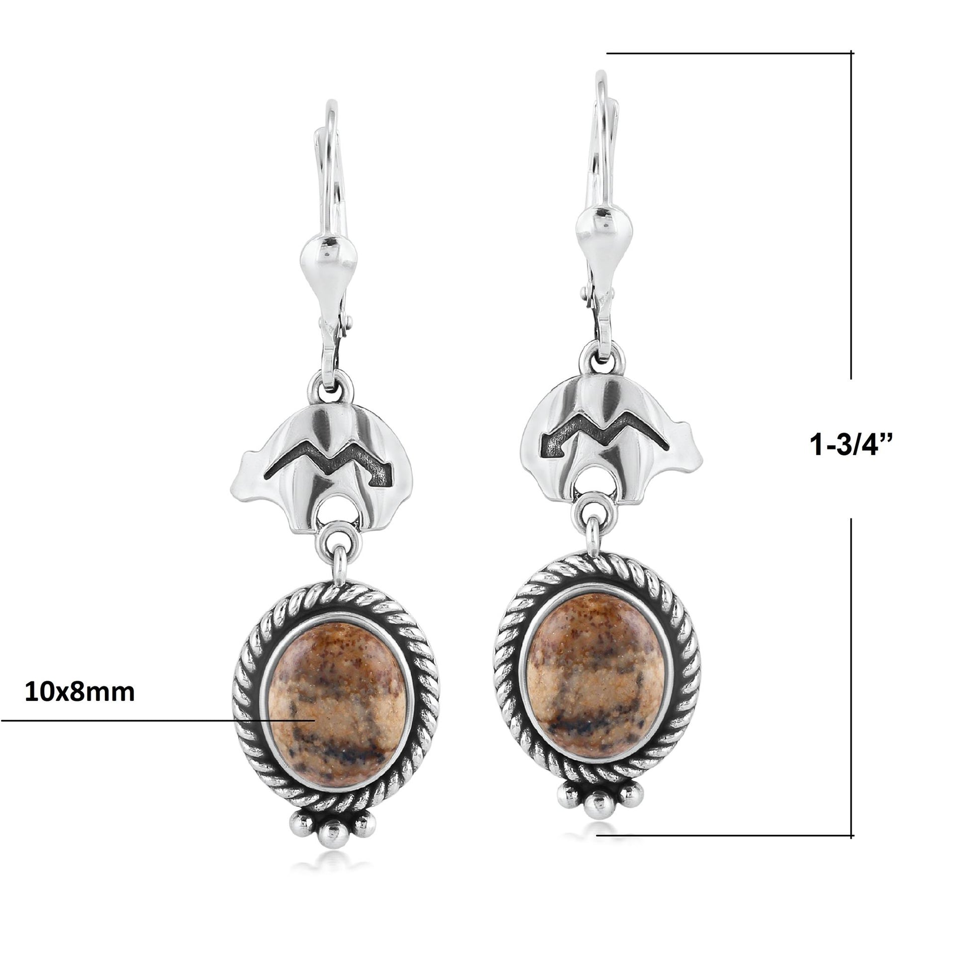 Sterling Silver Picture Jasper Bear Design Drop and Dangle Earrings