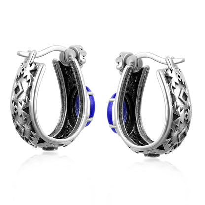 Sterling Silver Lapis Marquise Cut Huggie Hoop Earrings 