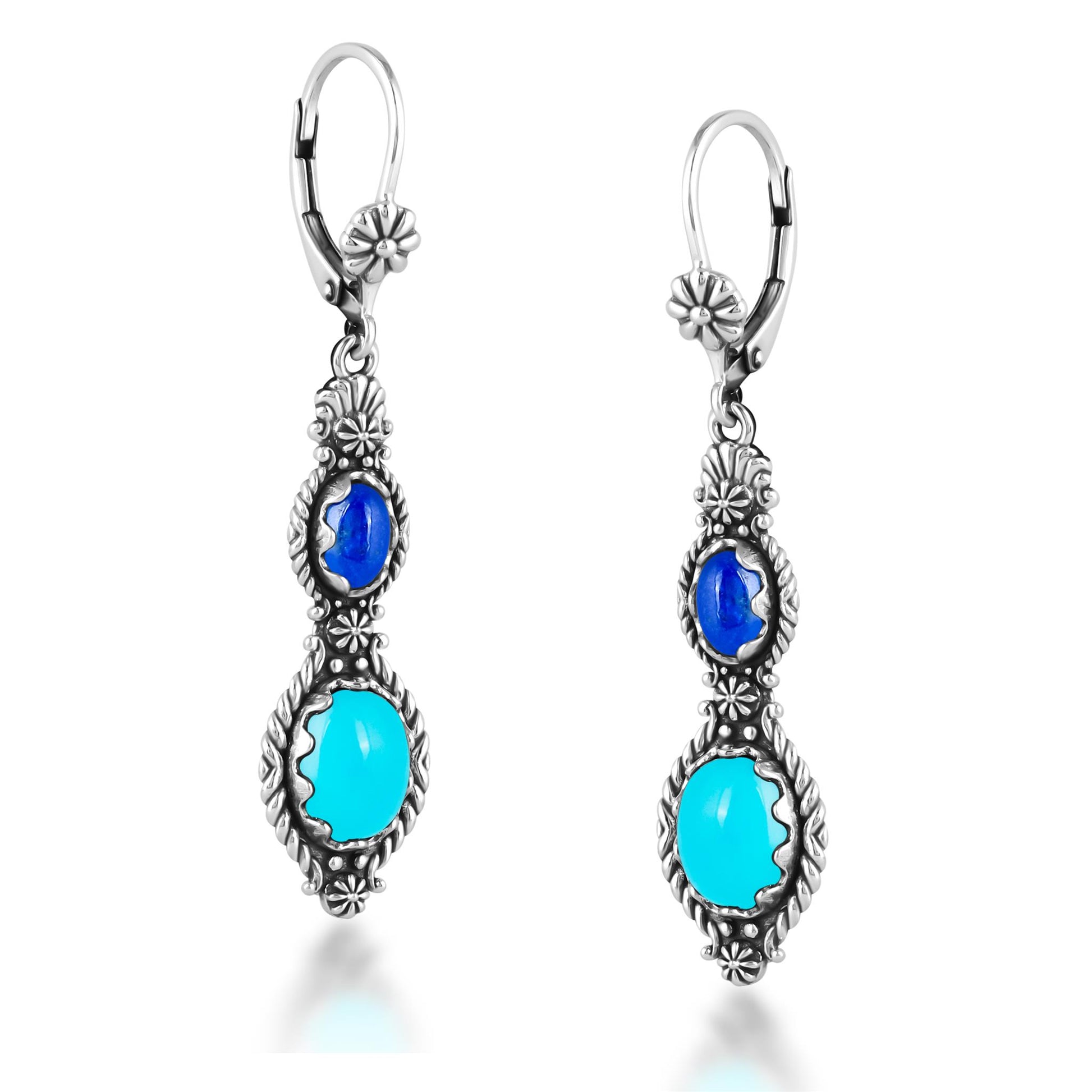 Sterling Silver Sleeping Beauty Turquoise and Lapis Oval Cut Dangle Earrings