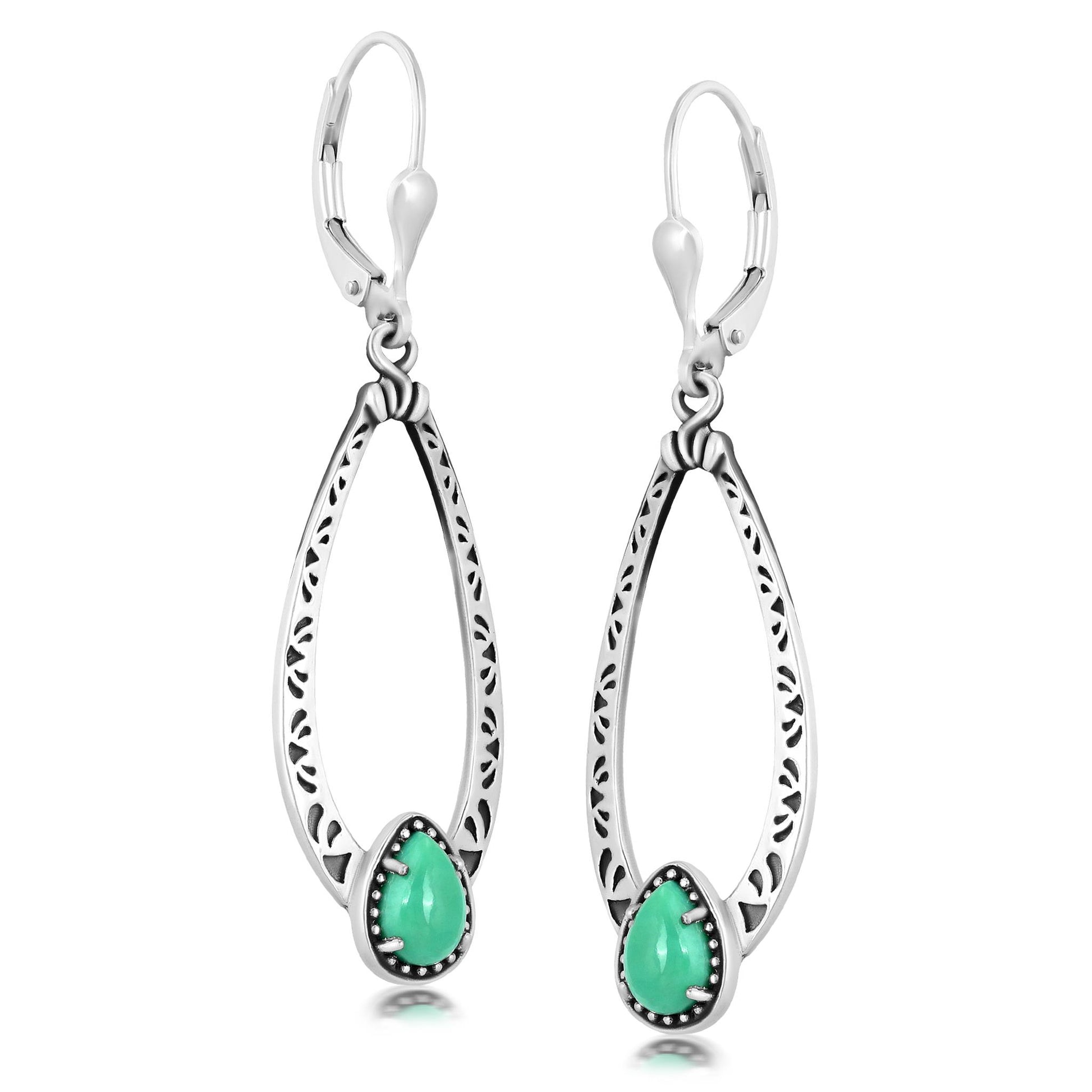 Sterling Silver Green Turquoise Pear-Cut Long Oval Lever Back Dangle Earrings