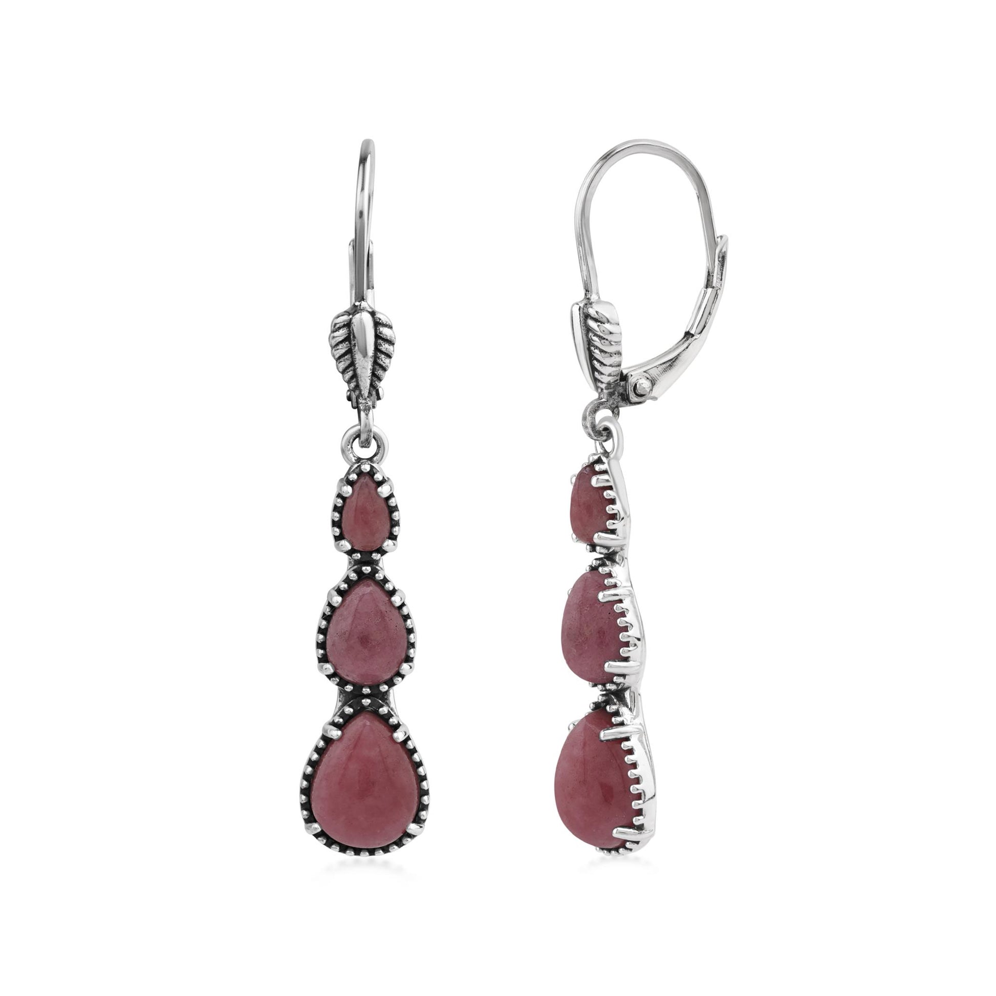  Sterling Silver Rhodonite 3-Pear Drop Lever Back Earrings