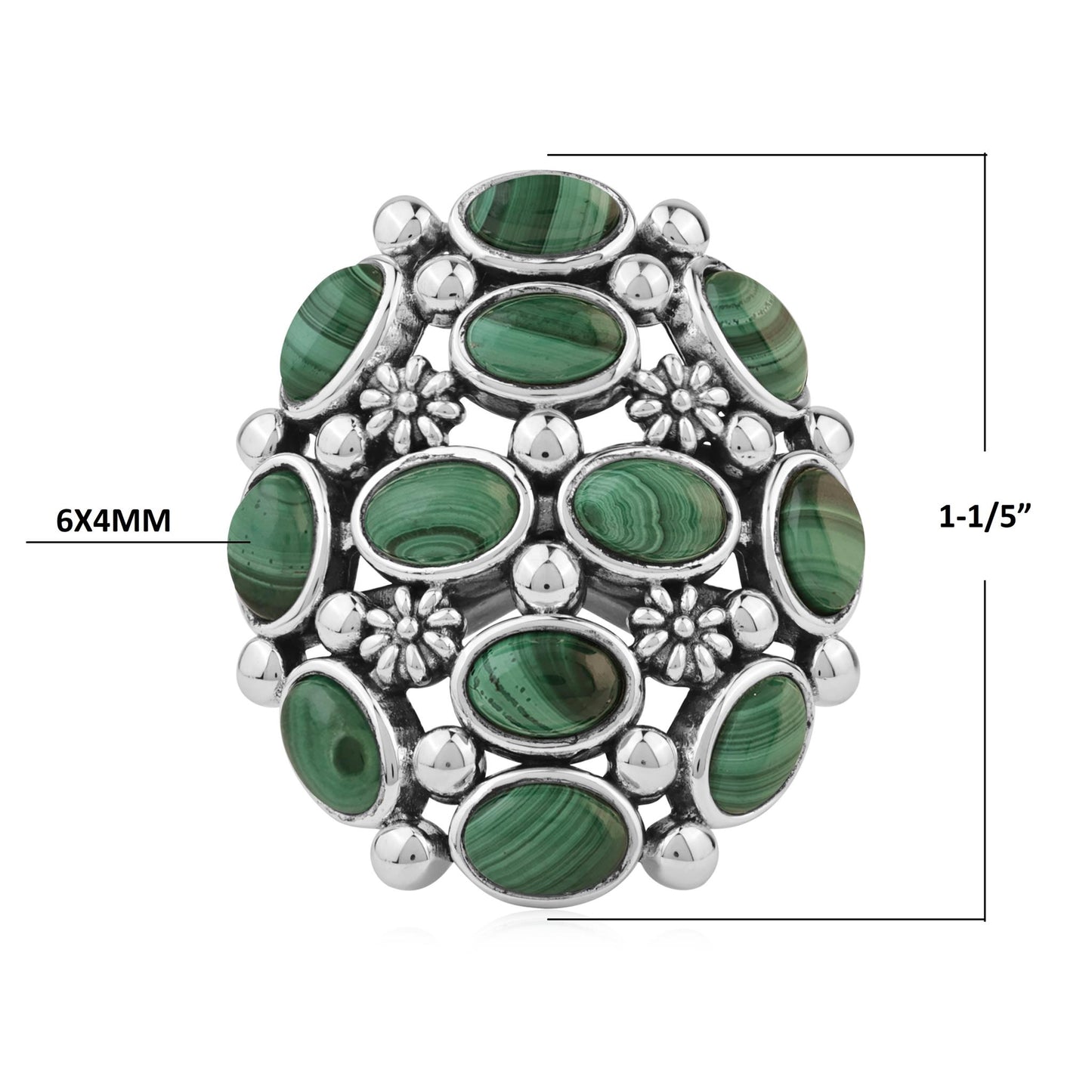  Sterling Silver Malachite Oval 12-Stone Cluster Ring