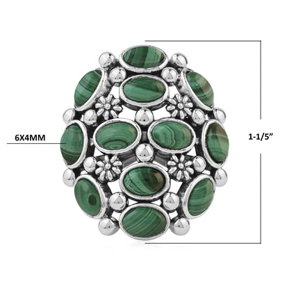  Sterling Silver Malachite Oval 12-Stone Cluster Ring