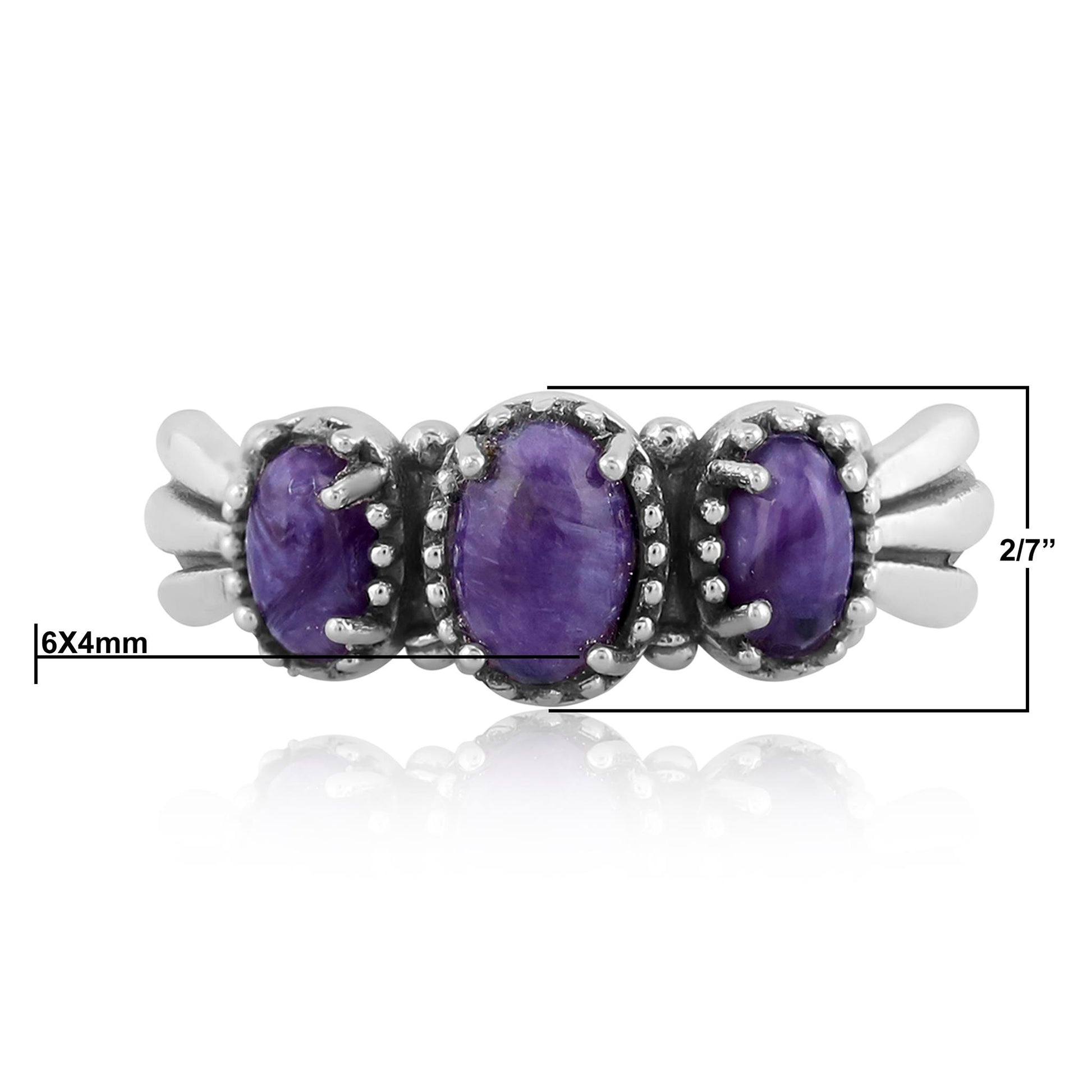 Sterling Silver Charoite 3-Stone Fan Ring