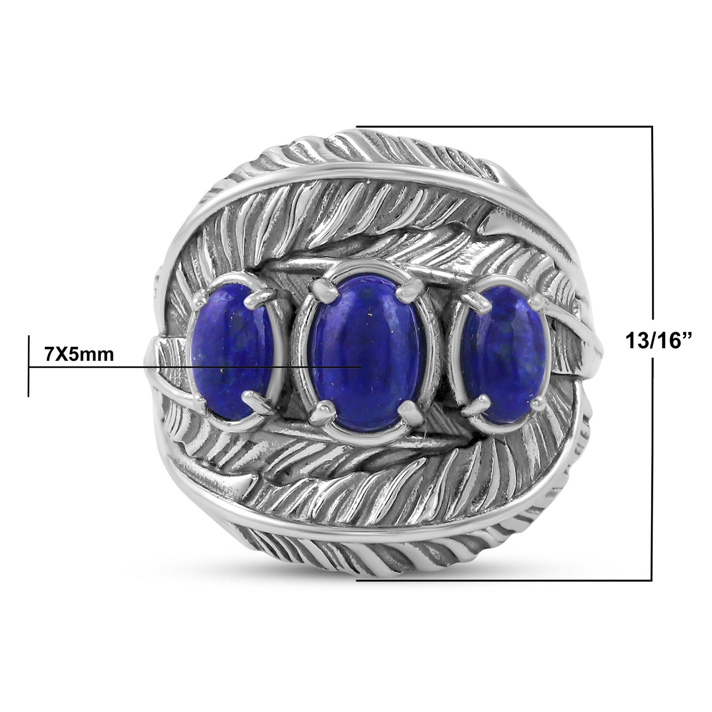Sterling Silver Lapis Three-Stone Oval Cut Feather Ring