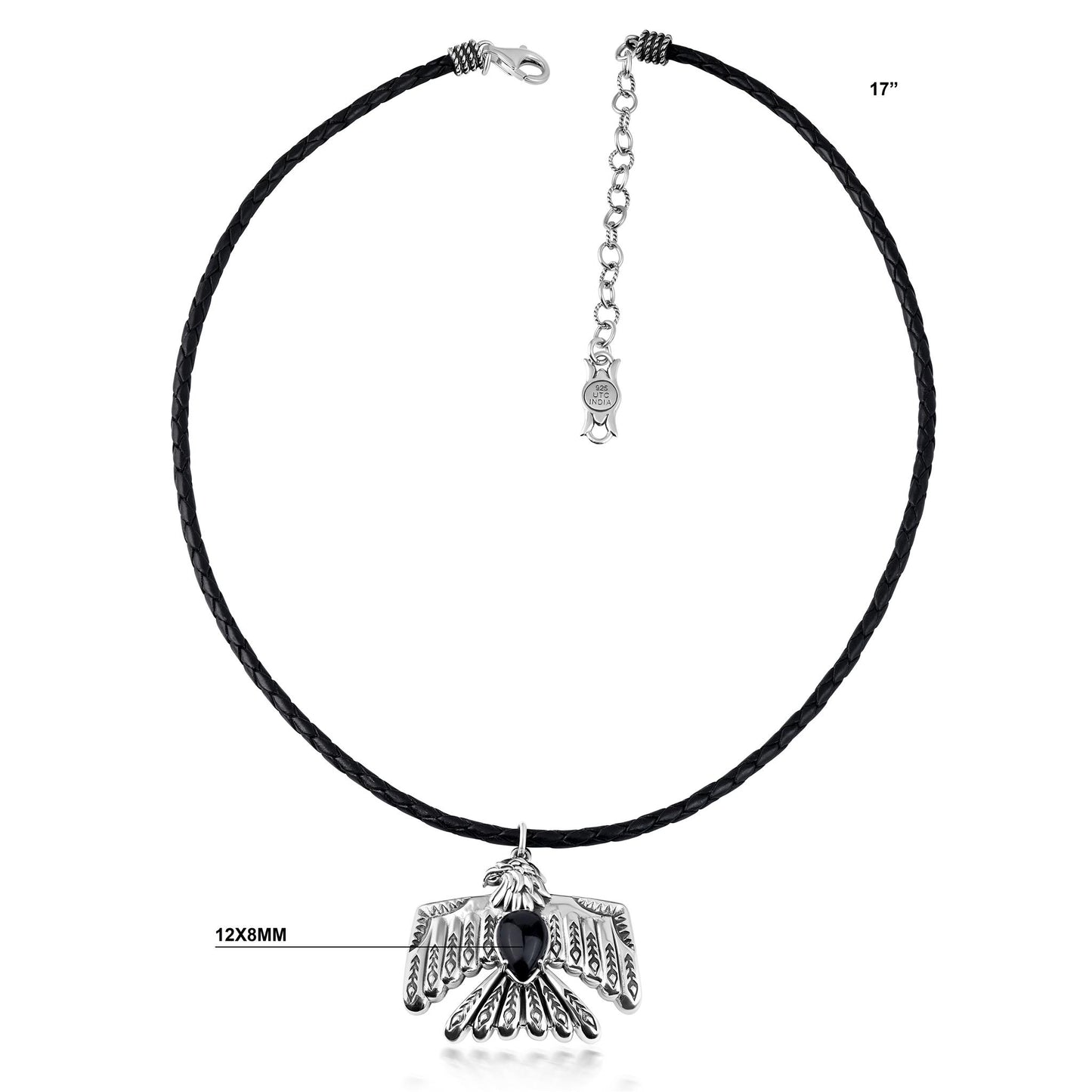 EXCLUSIVELY OURS! Sterling Silver Black Onyx Black Leather Thunderbird Pendant Necklace, 17 to 20 Inches