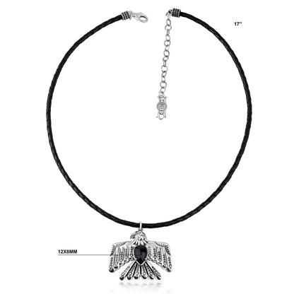EXCLUSIVELY OURS! Sterling Silver Black Onyx Black Leather Thunderbird Pendant Necklace, 17 to 20 Inches