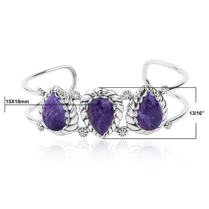 LIMITED EDITION! Sterling Silver Charoite Pear Cut Rope Design Cuff Bracelet, Sizes Small to Large