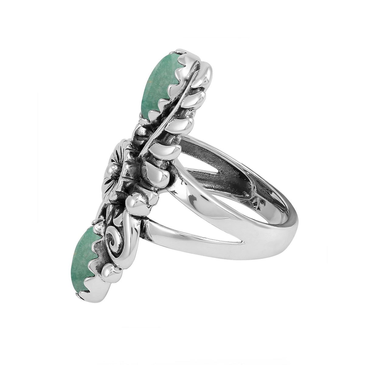 Sterling Silver Green Turquoise Pear-Cut Leaf and Flower Ring