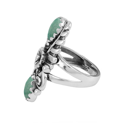 Sterling Silver Green Turquoise Pear-Cut Leaf and Flower Ring