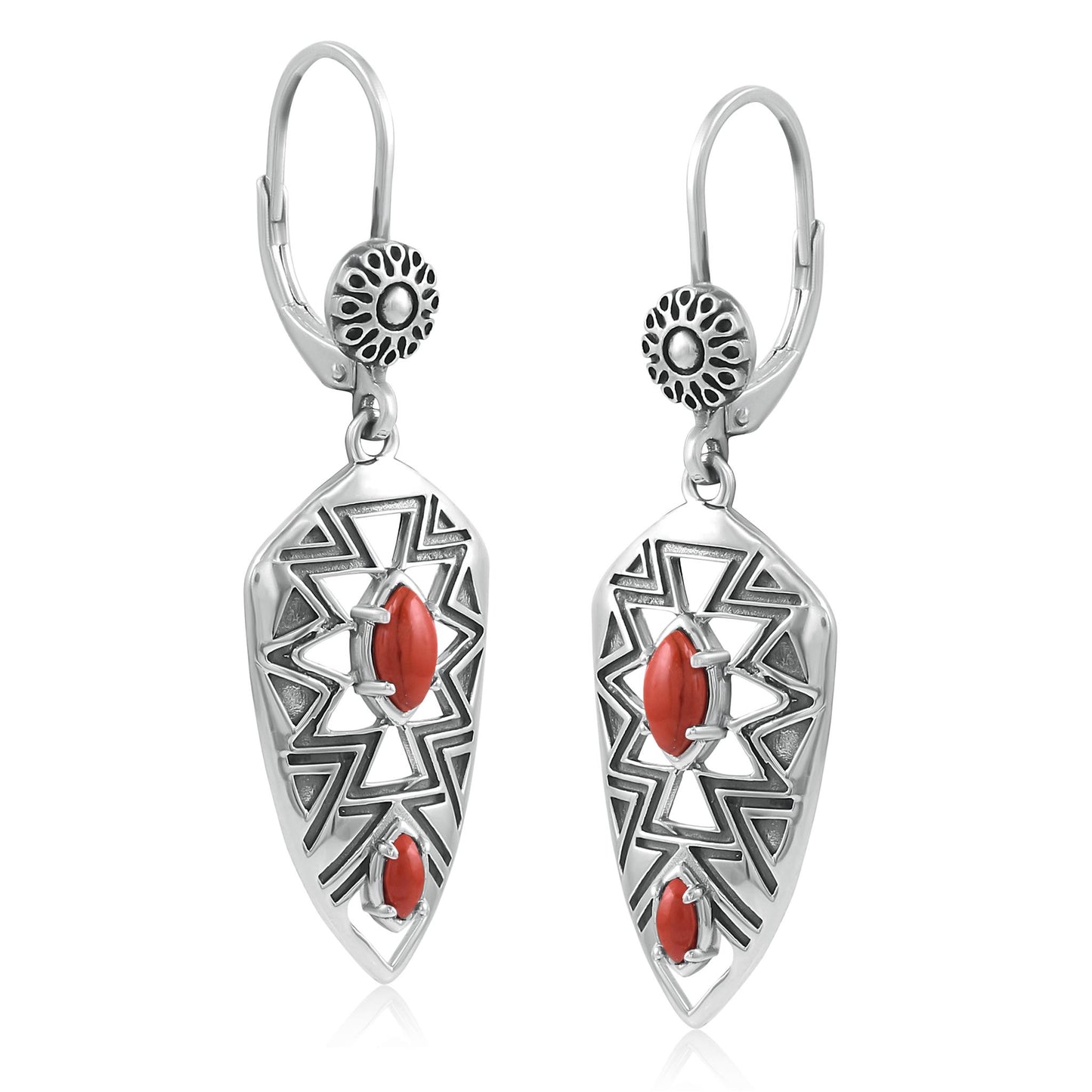 Sterling Silver Marquise Red Jasper Patterned Lever Back Earrings 