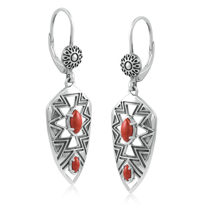 Sterling Silver Marquise Red Jasper Patterned Lever Back Earrings 