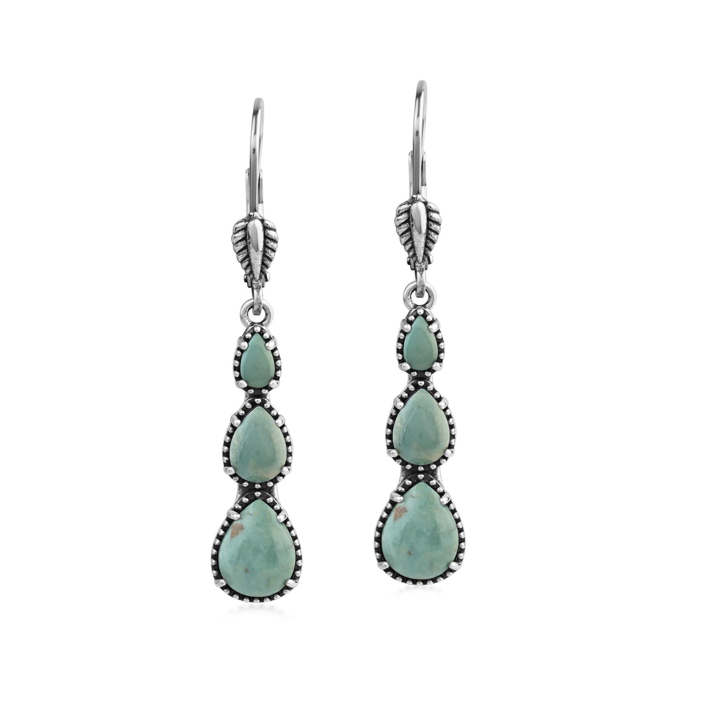  Sterling Silver Green Turquoise 3-Pear Drop Lever Back Earrings