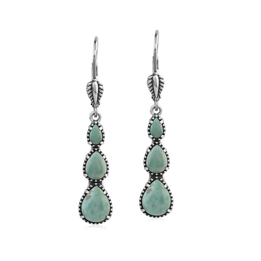  Sterling Silver Green Turquoise 3-Pear Drop Lever Back Earrings