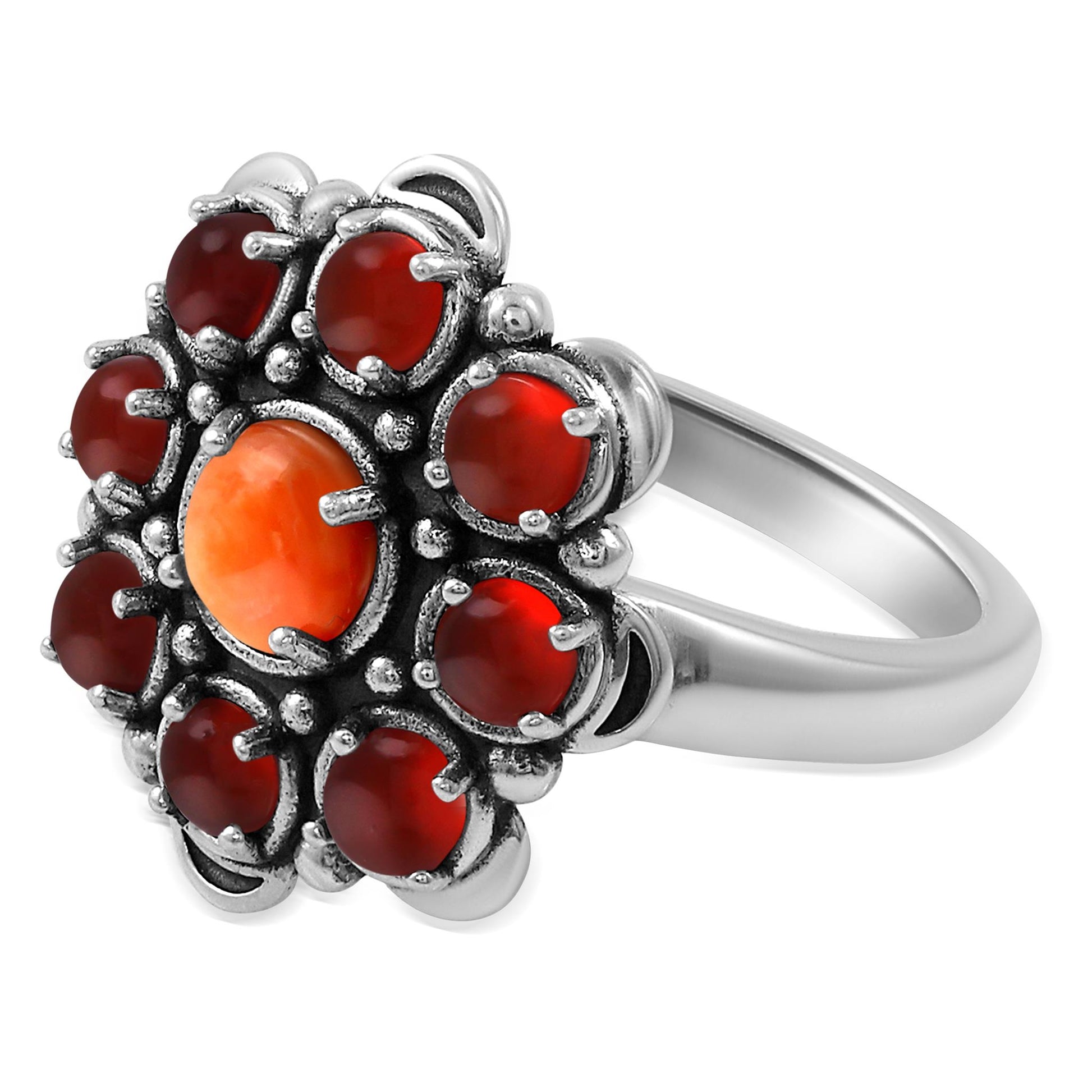 Sterling Silver Orange Spiny Oyster and Red Onyx Round Cut Flower Cluster Ring