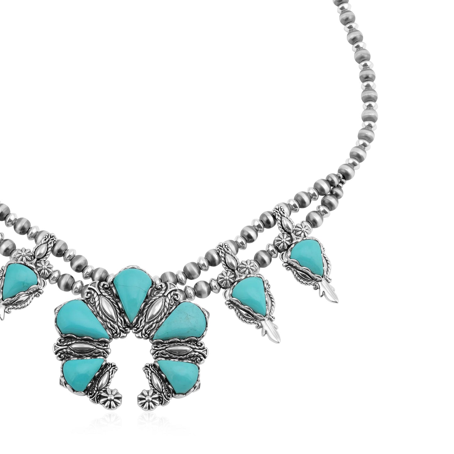 Sterling Silver Kingman Turquoise Pear Gemstone Squash Blossom Necklace, 17 to 20 Inches
