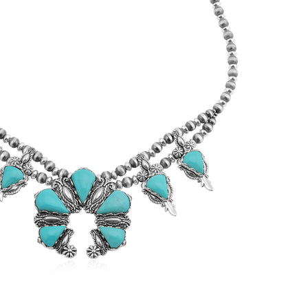 Sterling Silver Kingman Turquoise Pear Gemstone Squash Blossom Necklace, 17 to 20 Inches