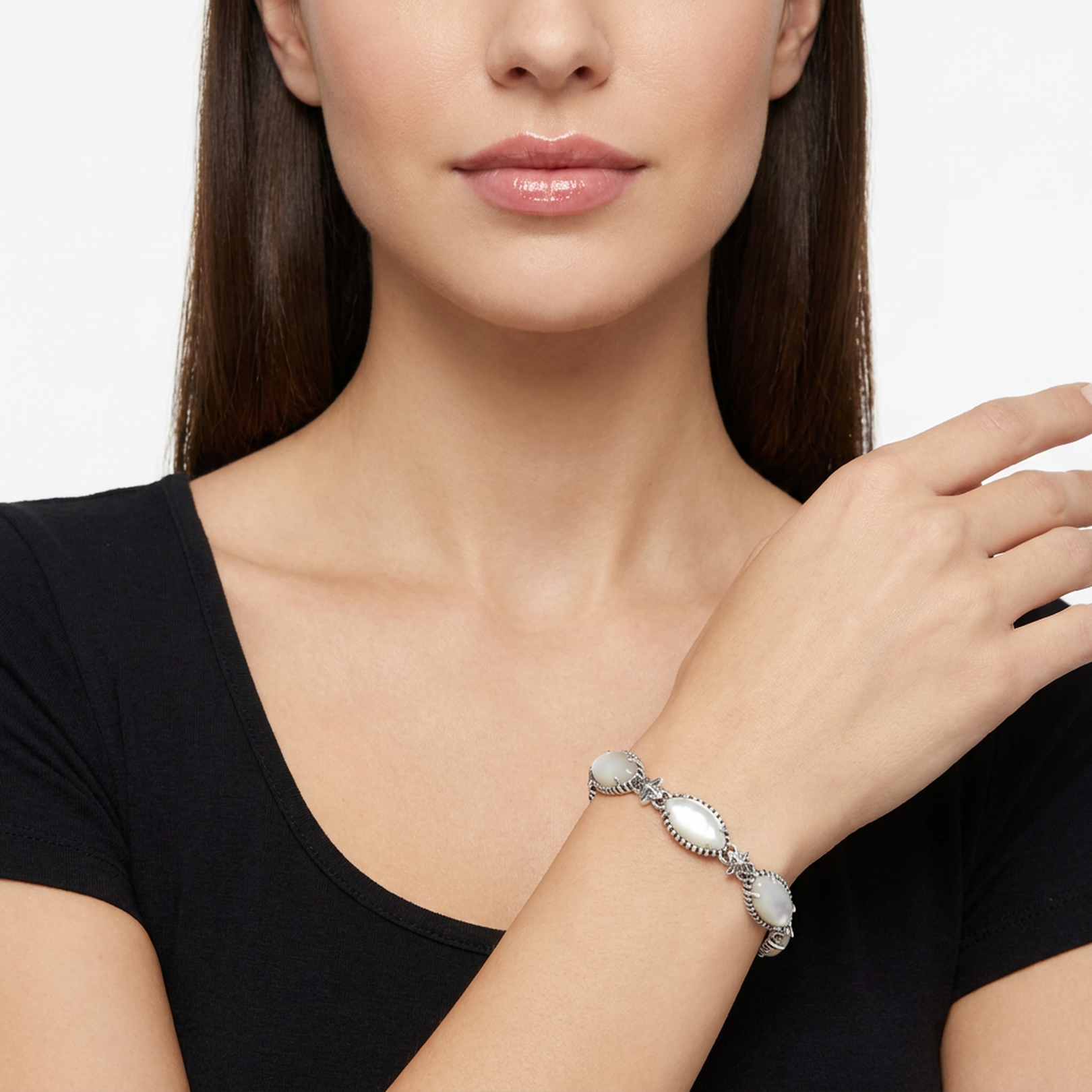  Sterling Silver White Mother of Pearl Marquise Cut Link Bracelet