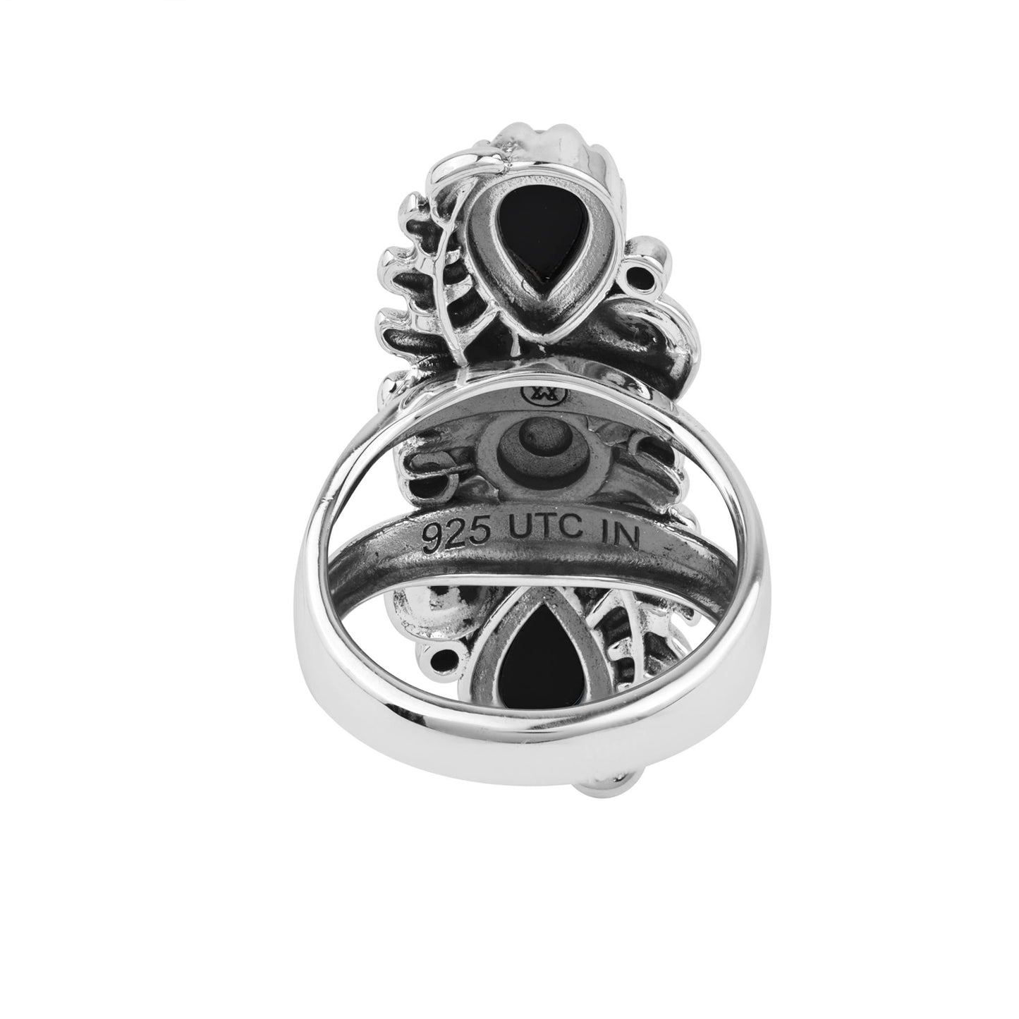  Sterling Silver Black Onyx Pear-Cut Leaf and Flower Ring 