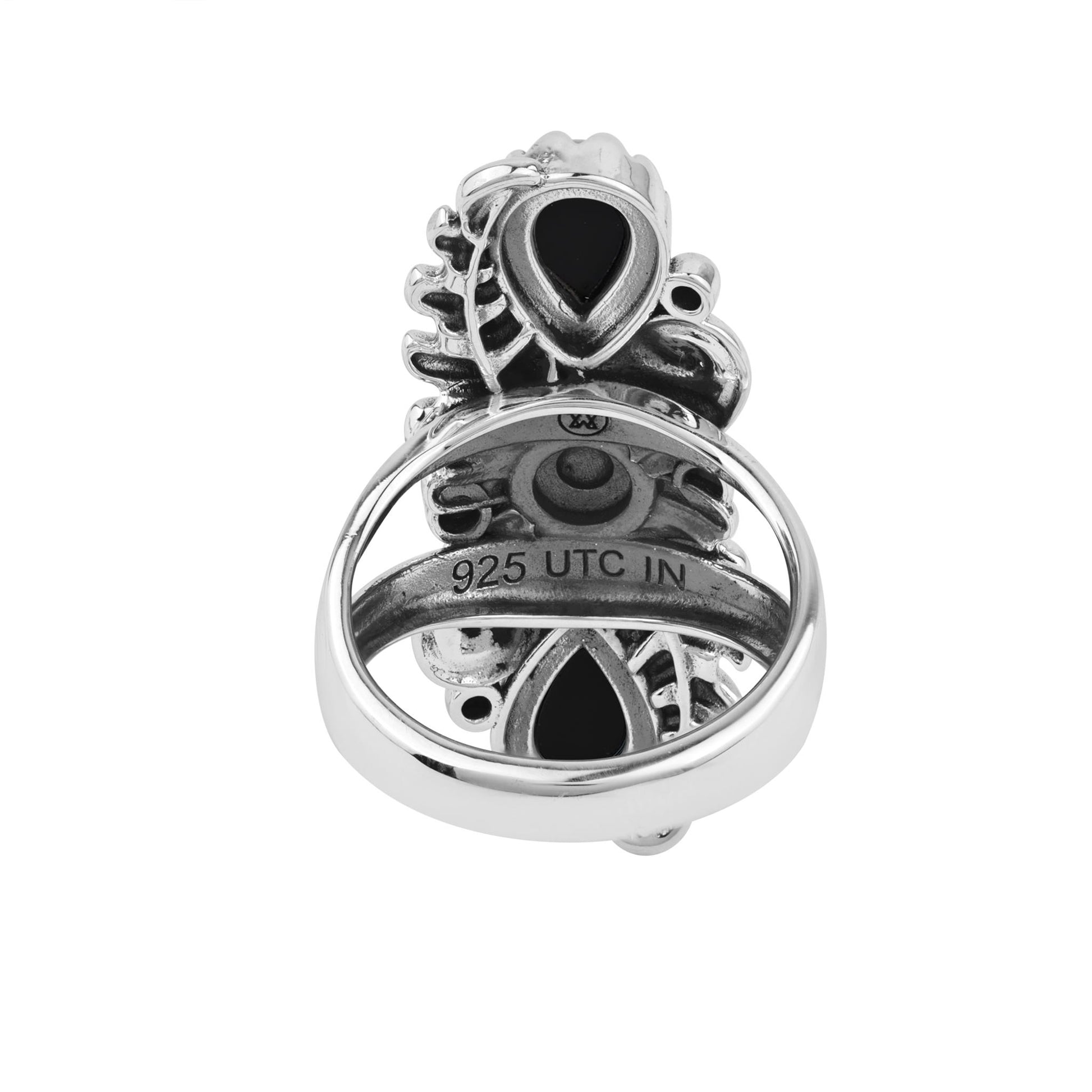  Sterling Silver Black Onyx Pear-Cut Leaf and Flower Ring 