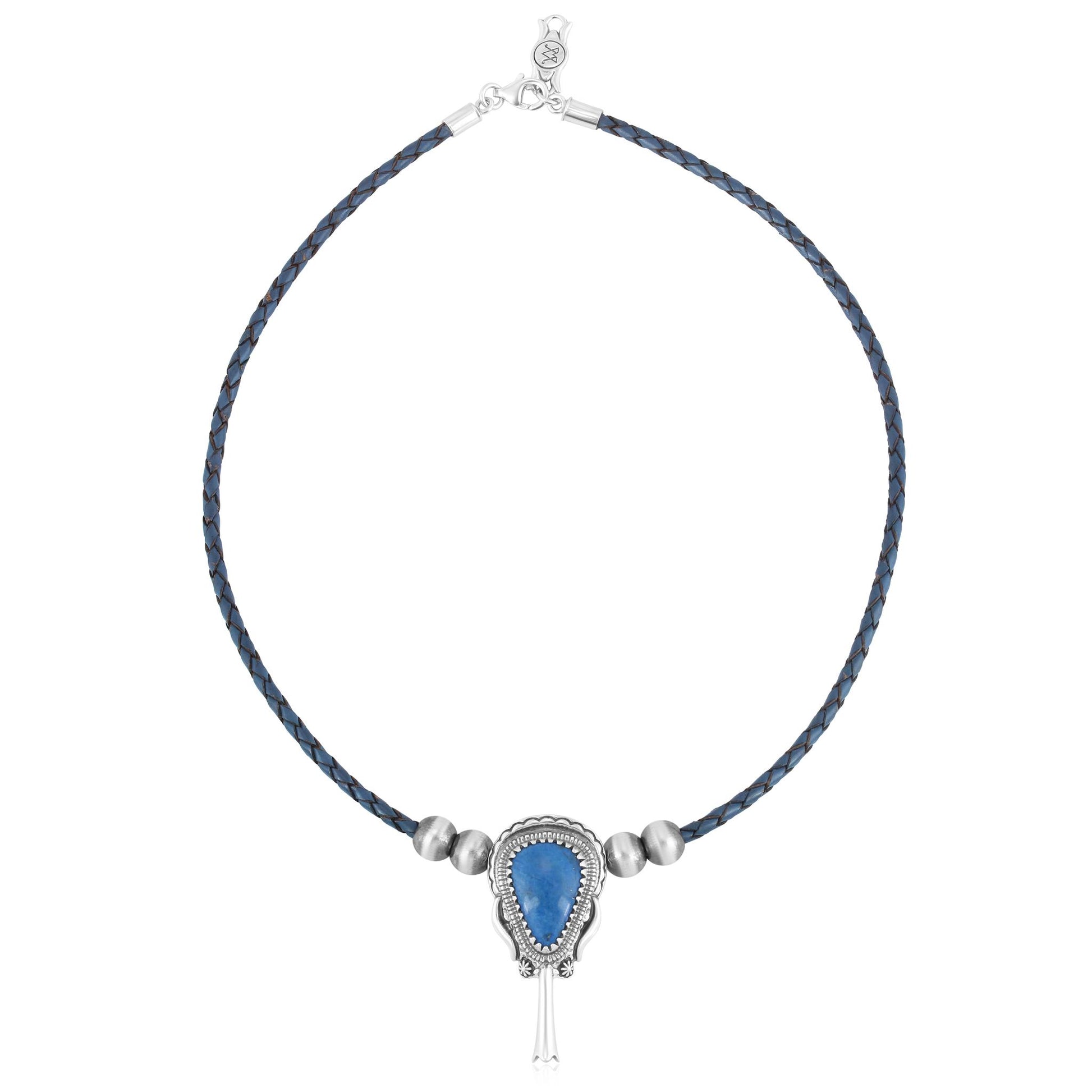 Sterling Silver Lapis Blue Leather Squash Blossom Necklace