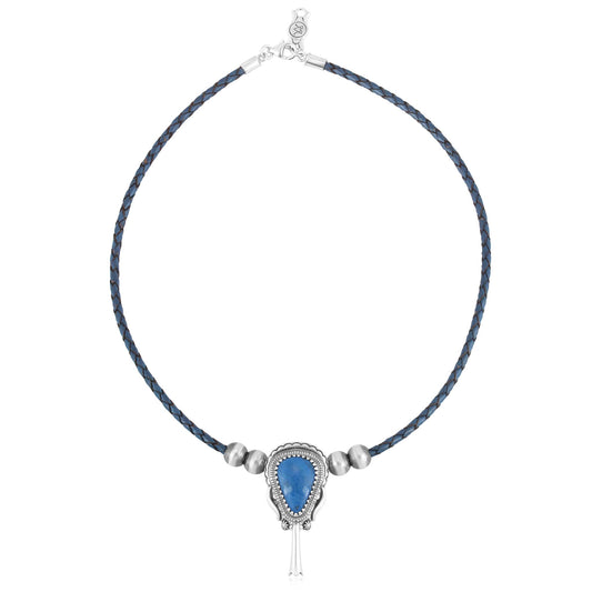 Sterling Silver Lapis Blue Leather Squash Blossom Necklace