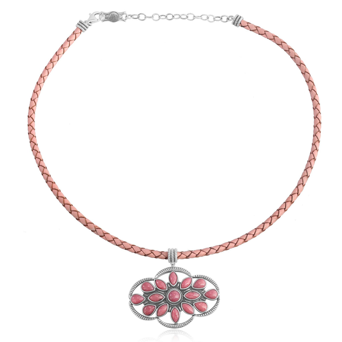 Sterling Silver Rhodonite Pink Leather Cluster Necklace, 17 to 20 Inches
