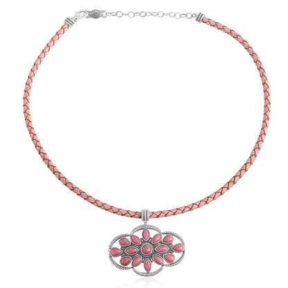 Sterling Silver Rhodonite Pink Leather Cluster Necklace, 17 to 20 Inches