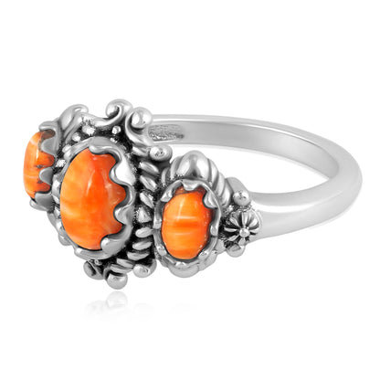 Sterling Silver Orange Spiny Oyster 3-Stone Oval Scalloped Bezel Ring, Sizes 5 to 10