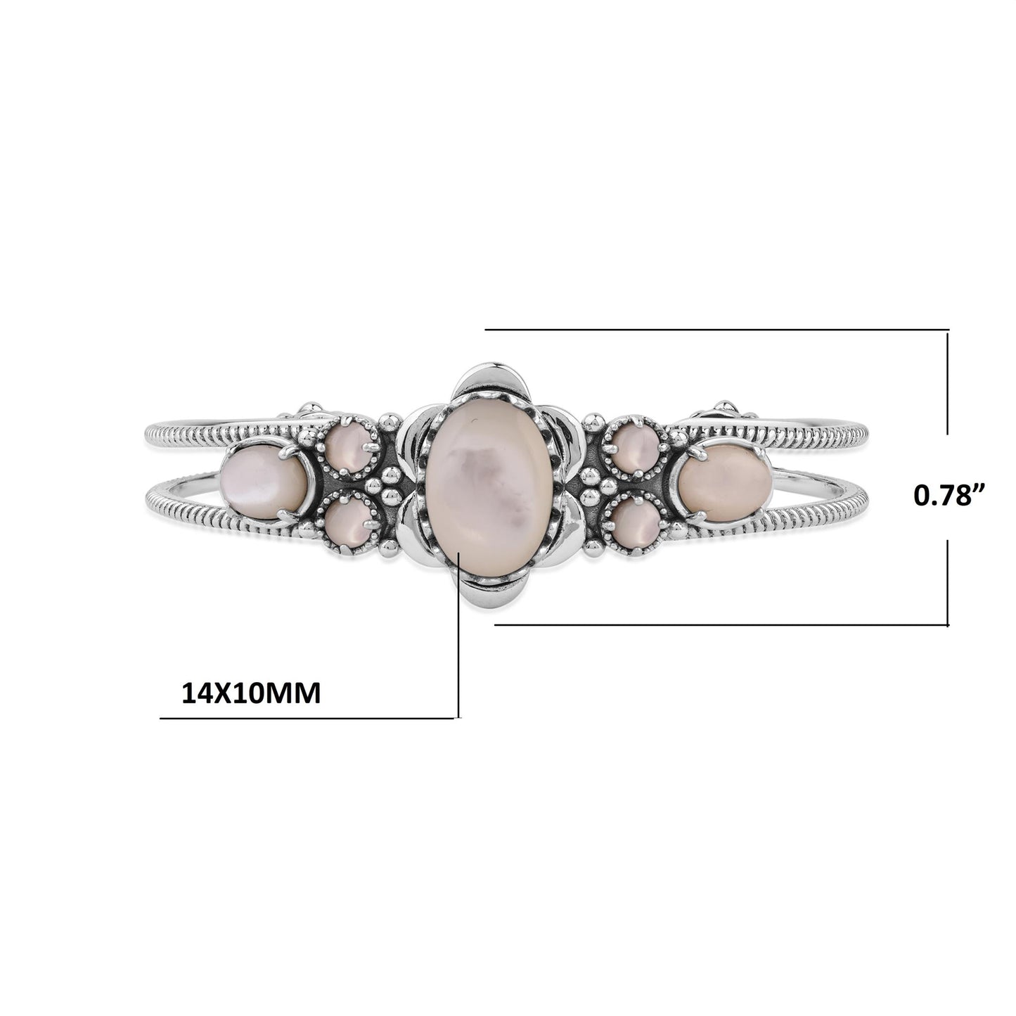  Sterling Silver White Mother of Pearl Oval and Round Open Cuff Bracelet
