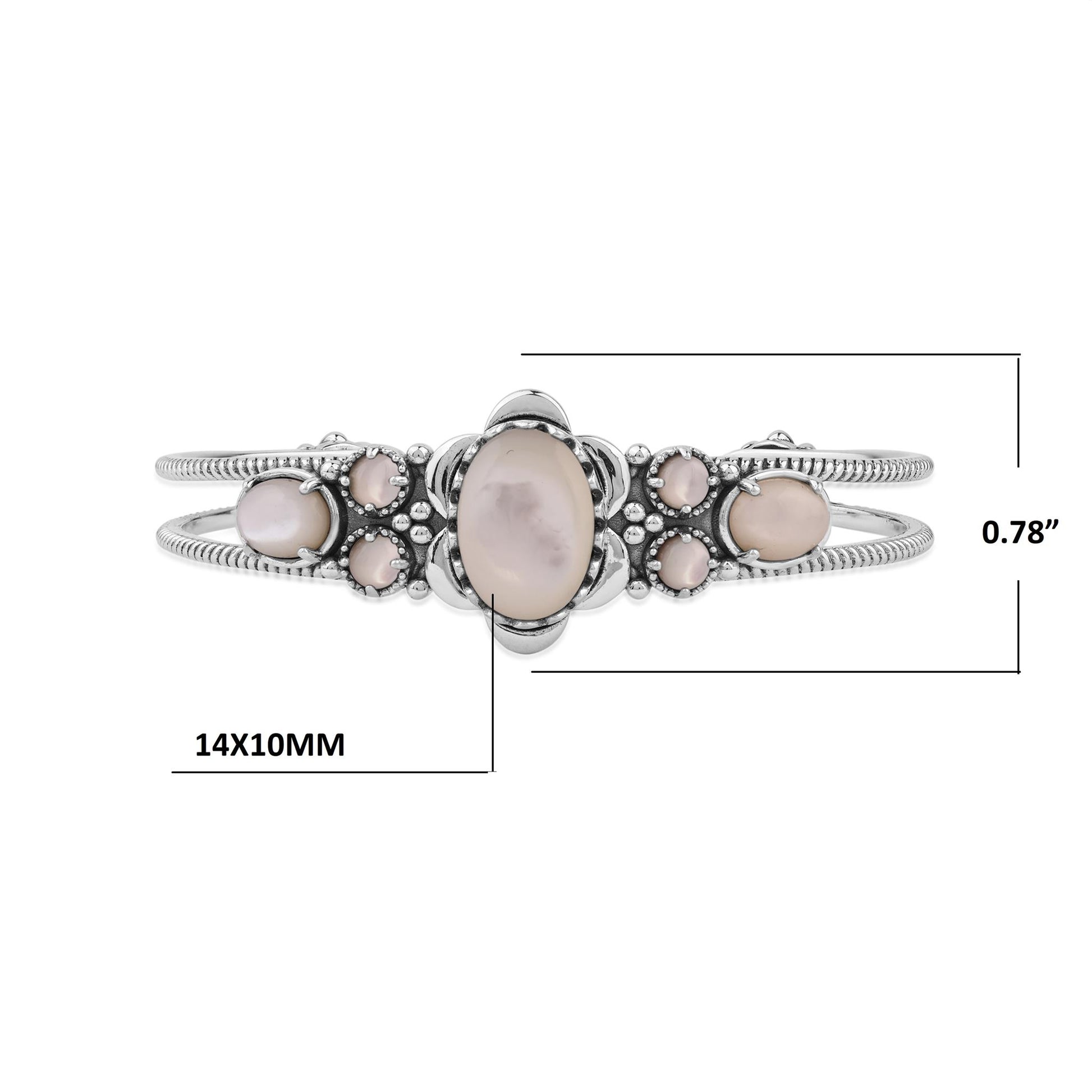  Sterling Silver White Mother of Pearl Oval and Round Open Cuff Bracelet